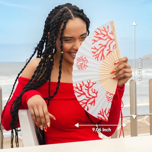 Fisura – Original Blue Folding Fan with Corals Design, Wooden Handheld Fan for Women, Includes Hanger, Perfect for Wedding, Party, Travel, Gift or Summer Decoration - color: Corals