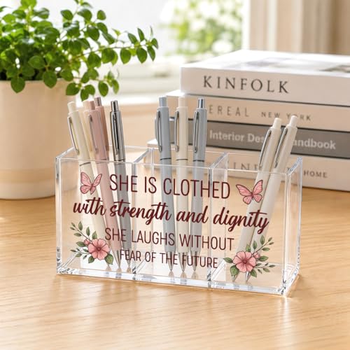 She Is Clothed with Strength Acrylic Pen Holder 3 Compartments - color: Transparent056