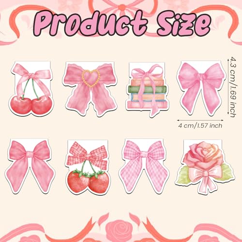 Coquette Style Magnetic Bookmarks Pink Bow Book Mark Cute Planner Bookmark Set for Book Lovers Cherry Strawberry Magnet Bookmark Clips Unique Small Gifts for Reading Women Girly Student Teacher 8 PCS