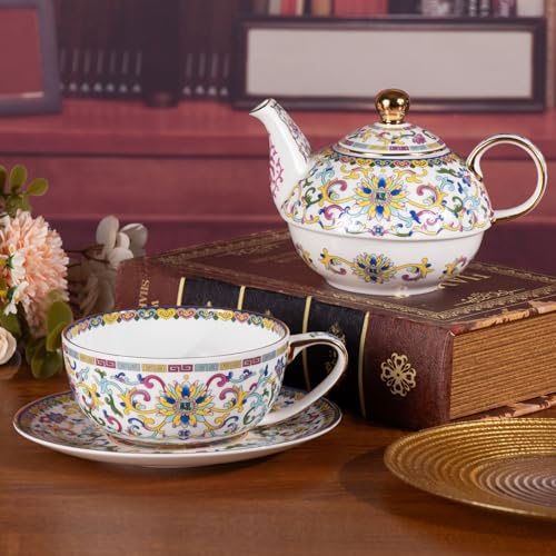 KAMMAK Tea for One Set, Ceramic Teapot, Bone China Tea Set, Cup and Saucer - color: White