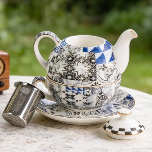 KAMMAK Tea for One Set, Ceramic Teapot, Bone China Tea Set, Cup and Saucer - color: Black and White-XY17