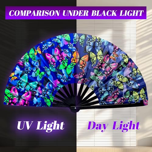 13 Inch Large Rave Fan & Clack Fan for Line Dancing - Folding Hand Fan with UV Glow for Boots on The Ground, Performance, Wedding, Party - Portable Handheld Fan for Women & Men - color: Butterfly*1