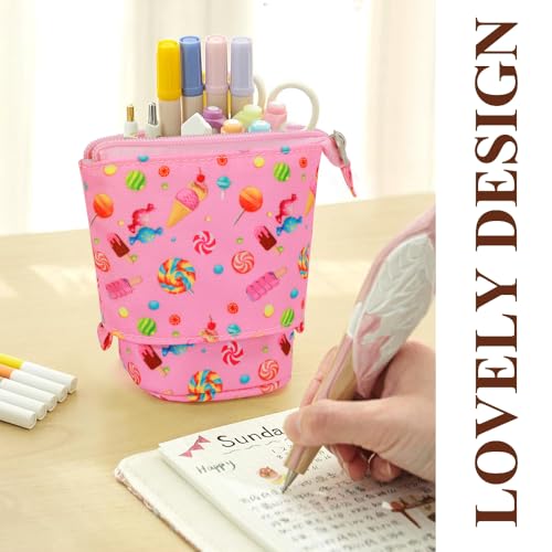 KPX Cute Standing Pencil Case Pen Holder for Kids, Pop Up Stand UP Bubble Tea Pen Organizer Kawaii Stationary for Christmas Holiday New Year Office (Candy) - color: Candy