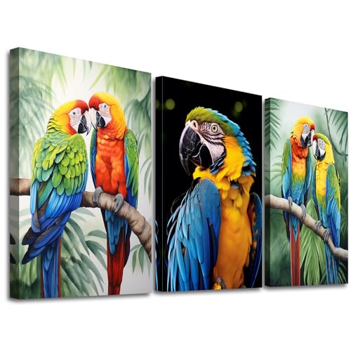GLOKAKA Set of 3 Parrot Wall Art Colorful Parrot on Branch with Tropical Leaves Painting Pictures Wall Decor Colorful Birds Artwork for Living Room Bedroom Bathroom Decor - color: Parrot Artwork-01, size: 24"L x 16"W