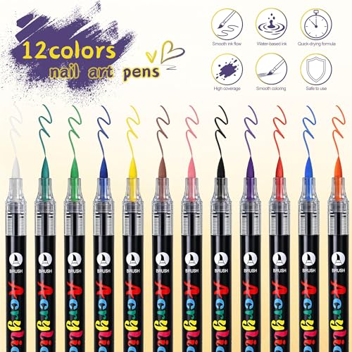 Artdone 12 Colors Nail Art Pens Set, 3D Quick-Drying Acrylic Paint Markers Nail Point Graffiti Dotting Drawing Liner Brush for DIY Gel Nail Polish Design Manicure Tools - color: 12 Colors Marker Pen Set