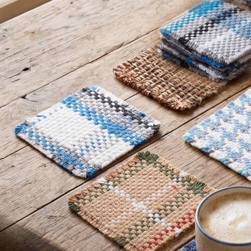 Set of 10 Fabric Drink Coasters, Handcrafted Cotton Woven Coasters for Table, Coastal Farmhouse Table Decor for Coffee Tea Cocktails, Absorbent Soft Desk Coasters for Kitchen Office, Housewarming Gift - color: Blue & White