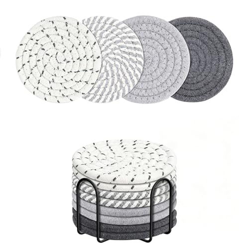 Coasters Set of 8 for Drinks with Holder,4 Colors Absorbent Coasters,Boho Cotton Woven Coaster Set for Living Room Decor,Tabletop Protection Suitable for Drinks,Beer, Coffee - color: Gray