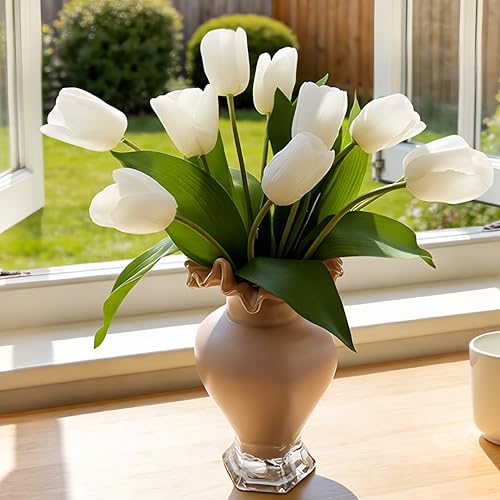 10 Stems 14 Inch Tulips Artificial Flowers Realistic Faux Flowers - color: White