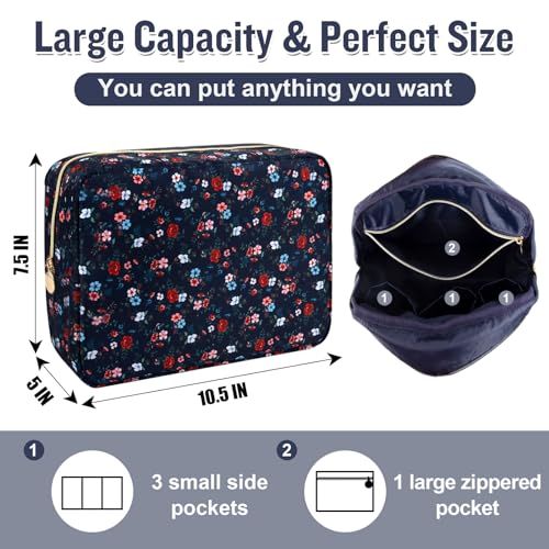 Nylon Large Floral Makeup Organizer Bag, Preppy Big Cute Flower Cosmetic Zipper Pouch Multi-compartment with Dividers, Waterproof Toiletry Makeup Brushes Travel Essentials for Women(Navy Blue-Flower) - color: Navy Blue-Flower, size: Large