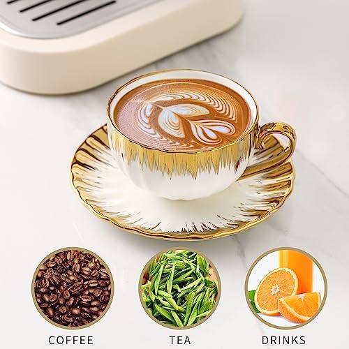 LETAOTAO Cappuccino Cups with Saucers, 7 oz Porcelain Double Espresso Cups Set, Ceramic Turkish Coffee Cups with Gold Trim, Tea Cups Set of 6, Cafe Cups for Latte, Mocha, Au Lait, White