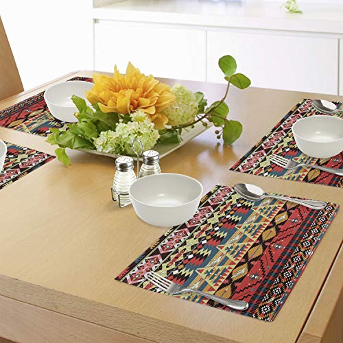 Ambesonne Ethnic Place Mats Set of 4, Classic Traditional Pattern Image Bird Flower Arrow Natural Ethnic, Washable Fabric Placemats for Dining Table, Standard Size, Teal Red