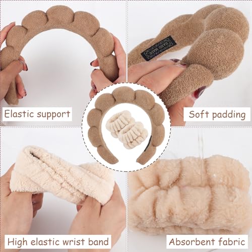 Zkptops Spa Headband for Washing Face Wristband Set Sponge Makeup Skincare Terry Cloth Bubble Soft Get Ready Hairband for Women Girl Puffy Padded Headwear Non Slip Thick Hair Accessory(Brown-2) - color: ZC Brown-2