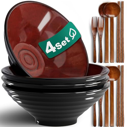 8-Inch 4 Sets Ceramic Ramen Bowl (16 Piece) - Japanese Porcelain Dishwasher Microwave Safe Salad Noodles Cereal Pasta Soup Large Bowls with Chopsticks Forks Spoons for Men Women Housewarming Gift - color: B:Red&Black, size: 8 INCH 4 Set