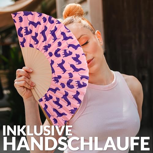Fisura – Original “Sausage Dog” Folding Fan. Pink Wooden Handheld Fan for Women with Hanger. Lightweight Accessory for Weddings, Birthdays, Parties, Festivals and Fun Gift Ideas. - color: Sausage Dog
