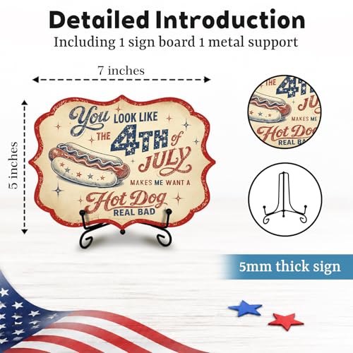 Fourth of July Wooden Sign with Metal Stand, Patriotic Hot Dog Station Decor for BBQ Party, Food Truck, Restaurant Counter, Independence Day 5 x 7 Inch Tabletop Display - A08 - color: DLR A08