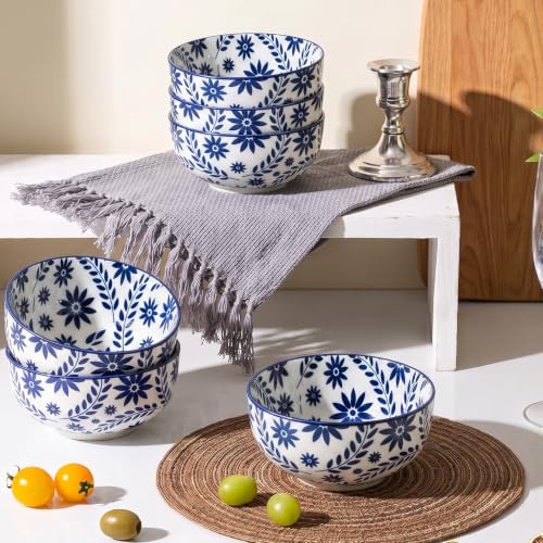 Cereal Bowls Set of 6, 28 Ounces Floral Soup Bowls - color: Blue Floral Mandala