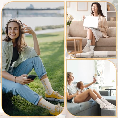 5/6 Pair Crew Socks for Women Floral Socks - color: Blue, Purple, Green, Orange, and Yellow Floral