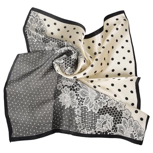 Women 100% Mulberry Silk Neck Scarf 21" Square Floral Neckerchief - color: White Lace Polka Dot