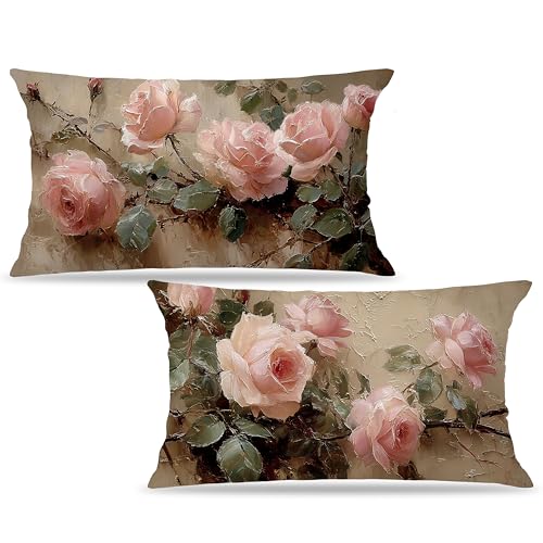 Vintage Pink Rose Floral Rectangle Pillow Throw Cover 20x12 Decor, Shabby Chic Rustic Cottagecore Decorative Throw Pillow Covers Double-Sided Set of 2 - color: A-rose-4, size: 20" x 12" (Pack of 1)