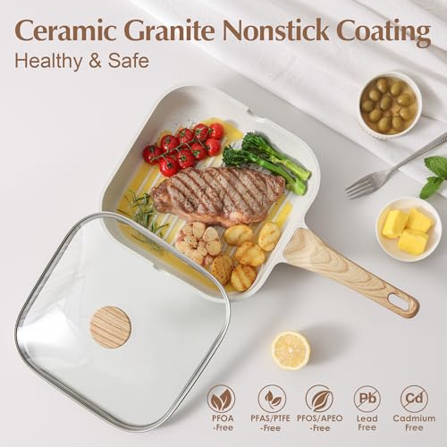 SENSARTE Nonstick Ceramic Grill Pan with Lid, Versatile Square Grilling Pan with Pour Spouts, Durable Grill Skillet for All Stoves(Gas,Electric,Induction) Non Toxic-PTFE,PFAS,PFOA Free, 9.5 Inch - color: White Ceramic, size: 9.5 Inch