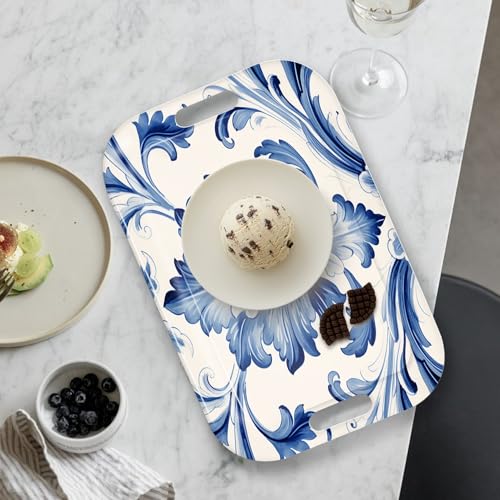 Serving Trays with Handles, 14.5 x 9.8 inch Rectangular Plastic Tray for Restaurant, Kitchen, Blue and White Pattern - color: Blue and White Pattern