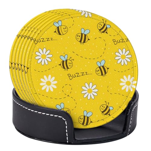 6 Pcs Leather Coasters for Drinks with Holder Cartoon Bee Cute Honeycomb Coaster Sets Drink Table Cup Coasters for Kitchen Coffee Decor - color: Bee Honeycomb
