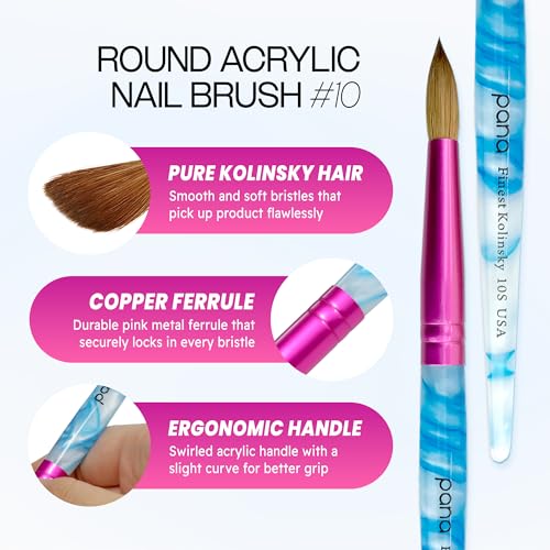 PANA USA Acrylic Nail Brush Pure Kolinsky Hair Acrylic White Swirl Blue Handle with Pink Ferrule Round Shaped - Size 10 - color: White Swirl Blue, size: Size 10
