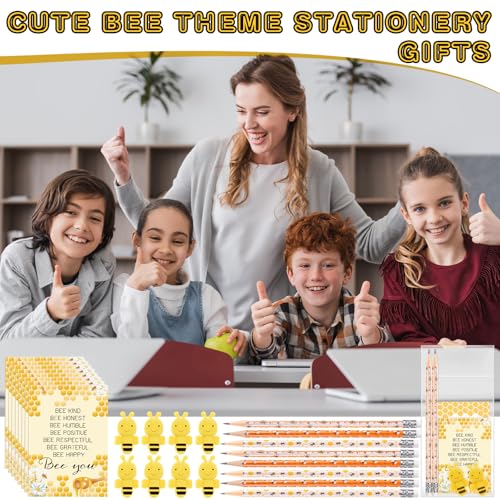 Fuyoooo 36 Sets Bee Party Favor Bulk Inspirational Notepads Pencil Mini Erasers Greeting Card Bee Themed Classroom Decor Party Supplies School (Cute)