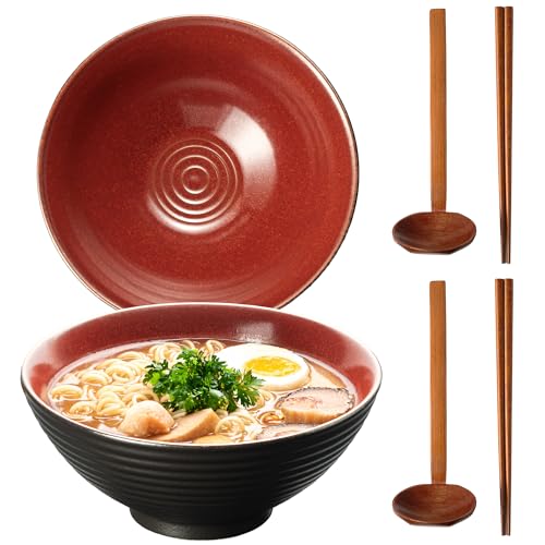 8 Inch 40oz Large Japanese Ramen Bowl Set of 2,Material Safety Ceramic Ramen Bowls with Matching Chopsticks and Spoons, Pho Bowls Ramen Noodle Bowl for Asian Udon Soup Salad Cereal(Red) - color: Red