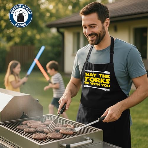 Adult Cooking Apron | May The Forks Be With You | BBQ Grill or Chef Apron with Pockets | Fun Grilling Accessories - color: Black - May the Forks, size: Long - 34”L x 24”W