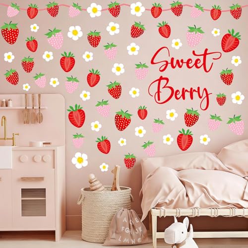 Strawberry Wall Decals - 8 Sheets 62Pcs Strawberry Daisy Wall Stickers Strawberry Shortcake Berry Peel and Stick Wallpaper for Girls Room Nursery Bedroom Room Décor - color: Strawberry