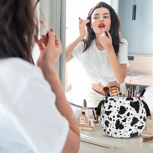 Funny Cow Print Drawstring Makeup Bag, Travel Toiletry Cosmetic Organizer - color: B-Cow-Blackwhite