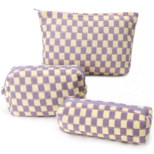 EIMMBD Makeup Bags 3 Pieces Large Capacity Checkered Cosmetic Bag Travel Toiletry Organizer Cute Makeup Pouch Storage for Women(Purple) - color: Purple