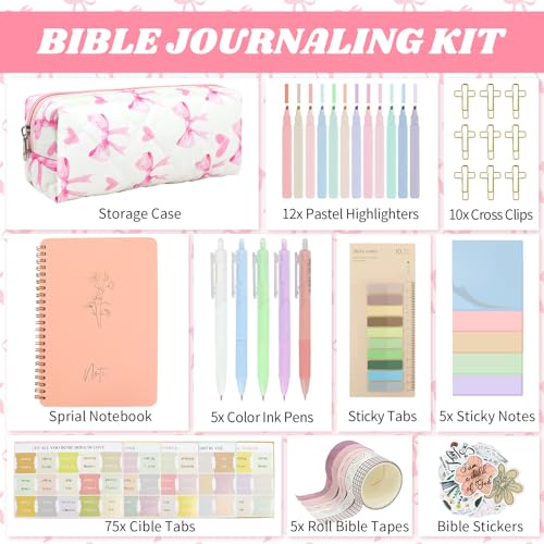 Bible Study Supplies Journaling Kit with Pen Cas, Tabs, Notebook and No Bleed Highlighter, Aesthetic Book Annotation Kit, Christian Gifts for Women Grils Friends (Pink Pow) - color: Pink Bow