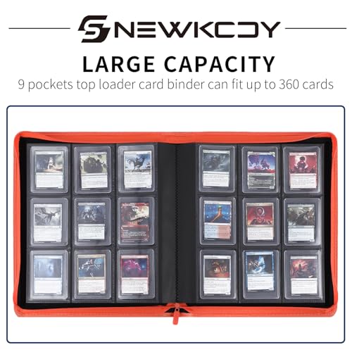 Snekdy Top loader Binder, 9 Pockets Top Loader，Holds 360 Top Loaders cards, Card binder with Sleeves for card in 3 x 4 inches color smooth Zipper PU Leather (Orange) - color: Orange