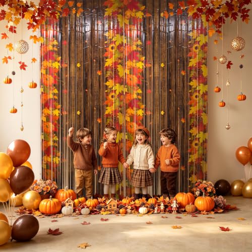 OQOQ Thanksgiving Foil Fringe Backdrop 2 Packs, 3.3x8.2ft Autumn Decor - color: Brown Autumn
