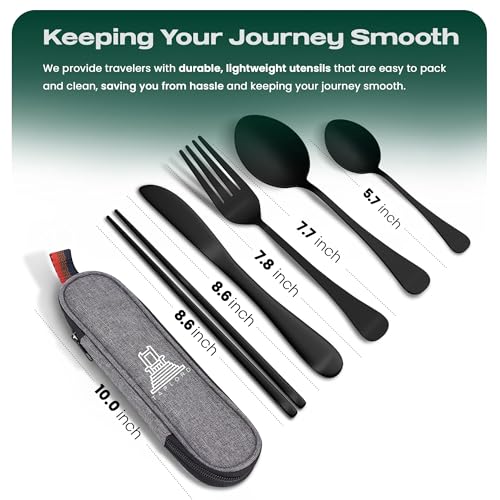 Travel Utensils With Case, 5 Pcs portable silverware set (Black) - color: Black, size: 5 Pieces