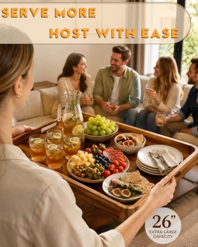 26"x17" Wooden Serving Tray, Acacia Ottoman Tray, Rounded Corners - size: 26" x 17.3" x 2"