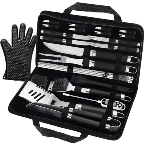 POLIGO 26 PCS BBQ Grill Accessories Stainless Steel BBQ Tools Grilling Tools Set with Storage Bag for Fathers Day Dads Birthday Presents - Camping Grill Utensils Set Ideal Grilling Gifts for Men Black - color: Black-1