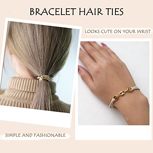 Bracelet Hair Ties for Women Girls 3Pcs Beige Gold Metal Elastic Hair Ties for Long Thick Hair Decorative Bracelet Ponytail Holder No Damage Hair Rubber Bands Ropes Stylish Hair Accessories - color: Hairties(A) 3PCS