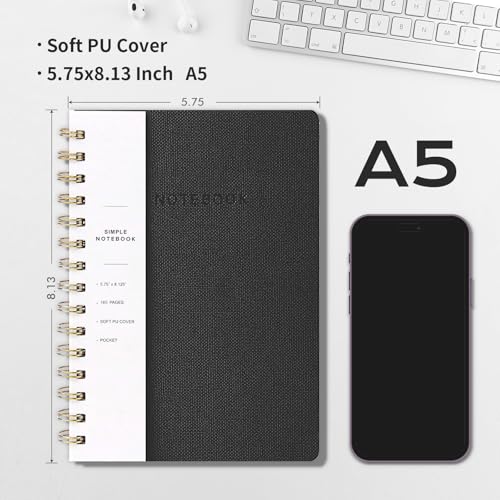 Spiral Notebook-6.10" x 8.19" College Ruled Journal with Inner Pockets and 160 Pages,PU Leather Cover Business Journal, Twin-Wire Binding Notebook Perfect for Office & Home School Supplies - color: 002-Black-1pack, size: A5-160 pages
