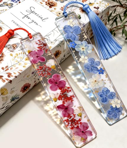 Buleens 2PCS Bookmarks for Women - Pink Blue Book Marks for Readers Book Lovers, Personalized Handmade Dried Flower Resin Pressed Flowers Bookmark with Tassels, Pretty and Aesthetic - color: Pink Blue