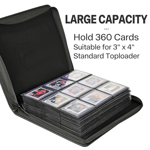 9 Pocket TopLoader Binder, Holds 360 3”x4” Toploader Hard Cases, Sleeves Card Collection Binder, 20 Double Sided Pages, Compatible with Trading & Sports Holder - Black