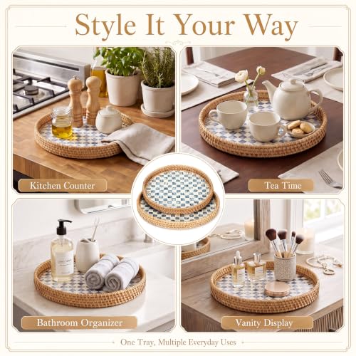 2 Pack Round Rattan Tray with Mother of Pearl Inlay Rattan Serving Tray for Coffee Bread Fruits Decorative Wicker Serving Platter for Table Home Kitchen Decor Blue Checkerboard Style, 2 Size - color: Blue Checkerboard, size: 2 Size