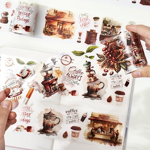 WT Caffeine Canvas Wide PET Tape, Single Roll, Original Designs, Watercolor Vintage Cafe Decorative Transparent Tape, Journal Scrapbook Bujo Planner DIY Craft Supplies, Coffee Theme - color: WT Caffeine Canvas Wide PET Tape