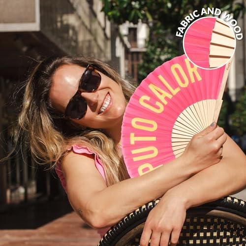 Fisura – Original Folding Fan with Message “P*to calor”. Pink Wooden Handheld Fan for Women. Lightweight Accessory for Raves, Weddings, Birthdays, Festivals, Parties and Fun Gift Ideas. - color: Calor, Pink