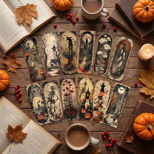 Vintage Halloween Bookmarks Gifts - 120 Pcs Retro Pumpkin Ghost Bookmark Paper Witch Black Cat Skull Bat Page Book Marks Spooky Favors for Women Men Office Book Lovers Holiday Party Supplies - color: Vintage Halloween