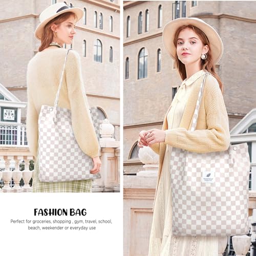 Ayieyill Corduroy Tote Bag for Women Canvas Shoulder Cord Purse with Inner Pocket - color: Pink/Grid