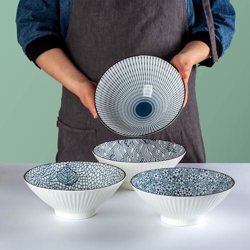 38 oz Japanese Ramen Bowls Set of 4, Large Pho Bowls, 8 Inch Ceramic Blue and White Soup Bowls, Mixing Pattern - color: Mixing Pattern