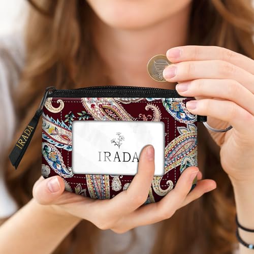 IRADA ID Case Wallet Keychain with Clear ID Window Zipper Cute Coin Purse for Women Water Resistant Small Coin Pouch-Red Paisley Floral Keychain Wallet - color: Paisley Floral-Red-Keychain Wallet